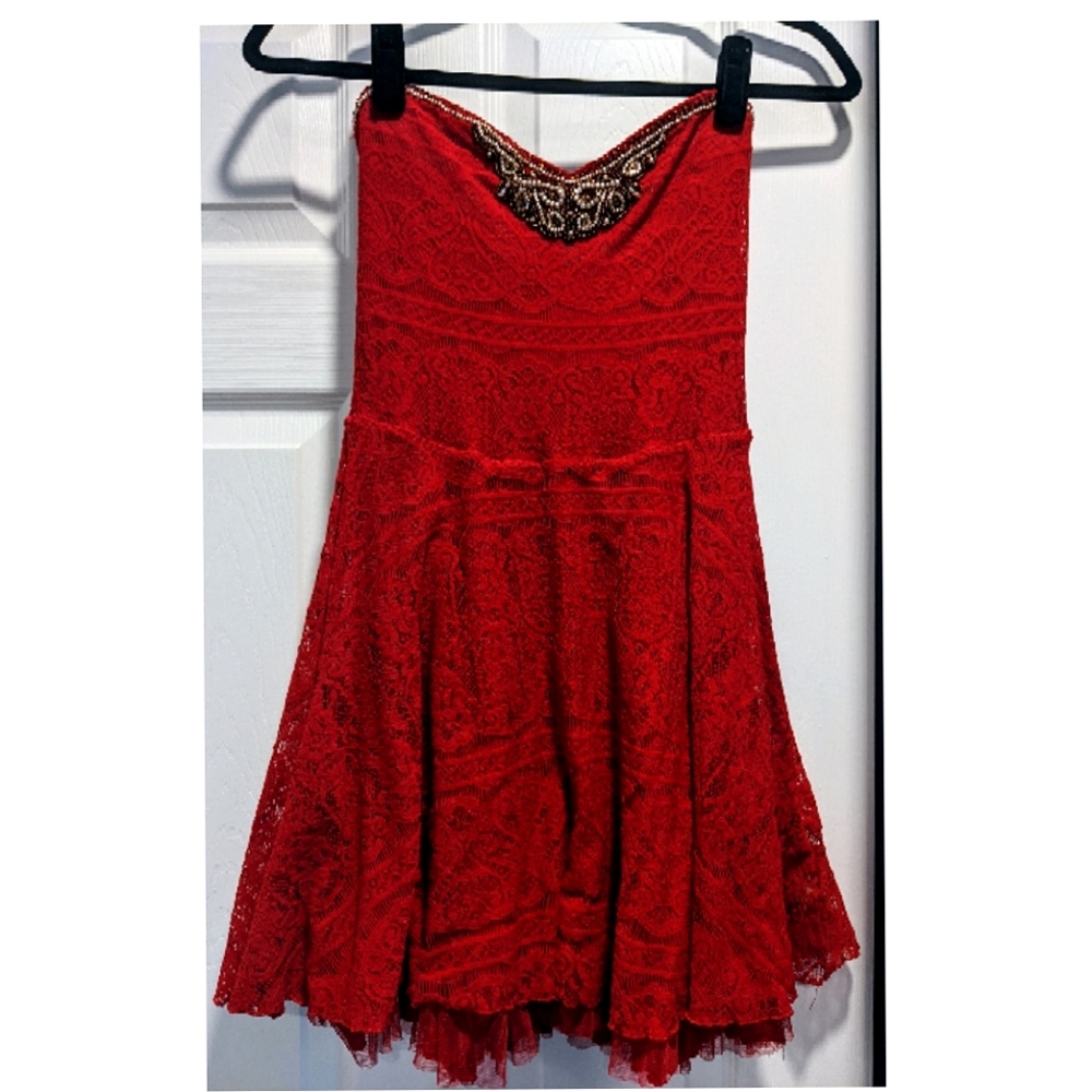 Free People Lace Strapless Beaded Dress in Poppy